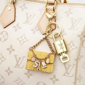 Authentic Louis Vuitton Padlock & Key Gold ✨Unbranded Tweed Bag Charm Keychain